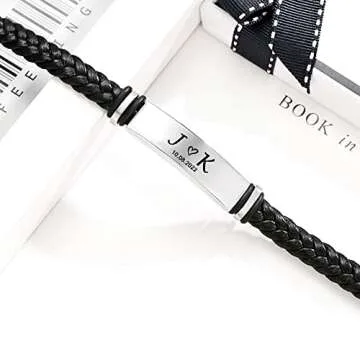 EDSG Valentines Day Gifts for Him Personalized Mens Bracelet Custom Engraved Bracelets for Men Personalized Gifts for Men Boyfriend Husband Dad Birthday Wedding Anniversary(Design 1)