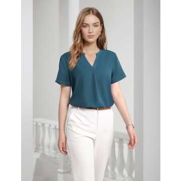 Timeson Blouses for Women,Summer Tops for Women Office Casual Work Clothes Dress Shirts Career Wear Polyester Blouse Women's V Neck Chiffon Tunics Tops Ladies Fashion Lightweight Comfy Tops Leggings
