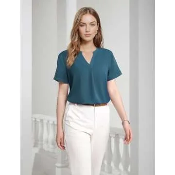 Timeson Blouses for Women,Summer Tops for Women Office Casual Work Clothes Dress Shirts Career Wear Polyester Blouse Women's V Neck Chiffon Tunics Tops Ladies Fashion Lightweight Comfy Tops Leggings