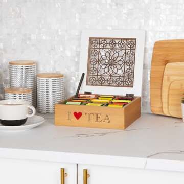 Mind Reader Decorative Tea Bag Organizer, 90 Bags, Countertop Organizer, Coffee Bar, Kitchen, 9.45"L...