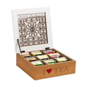 Mind Reader Decorative Tea Bag Organizer, 90 Bags, Countertop Organizer, Coffee Bar, Kitchen, 9.45"L x 9.45"W x 3.15"H, Brown