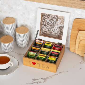 Mind Reader Decorative Tea Bag Organizer, 90 Bags, Countertop Organizer, Coffee Bar, Kitchen, 9.45"L x 9.45"W x 3.15"H, Brown