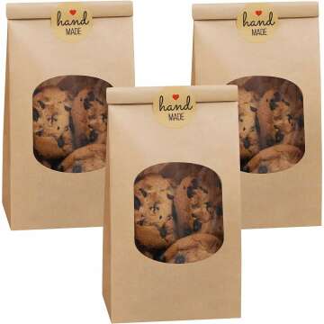 Eupako Bakery Bags with Window - 50 PCS Kraft Paper for Cookies & Coffee
