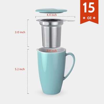 Sweese Tea Cup with Infuser and Lid, Microwave Safe Tea Mug with Handle - 15 oz Porcelain Cup for Te...