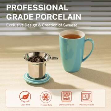 Sweese Tea Cup with Infuser and Lid, Microwave Safe Tea Mug with Handle - 15 oz Porcelain Cup for Tea Warm and Hot Water - Quality Tea Infuser Cup for Tea Drinker