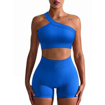 OQQ Women's Workout 2 Piece Seamless Ribbed High Waist Legging Sports Exercise Set Bra Outfit, Blue5, Medium