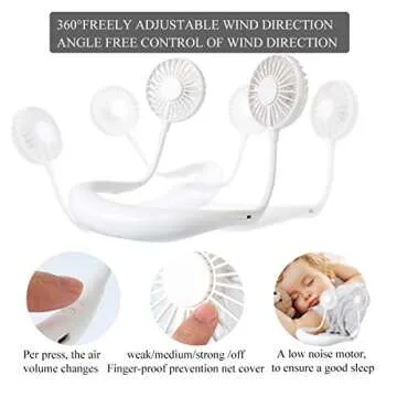ANYPOWK Portable Neck Fan, USB Rechargeable Fan with 3 Speeds Adjustable, Neck Fans Portable Rechargable Prime with LED Lights - White