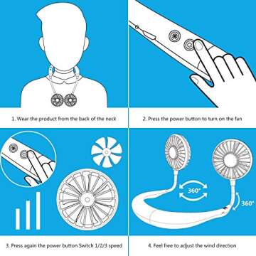 ANYPOWK Portable Neck Fan, USB Rechargeable Fan with 3 Speeds Adjustable, Neck Fans Portable Rechargable Prime with LED Lights - White