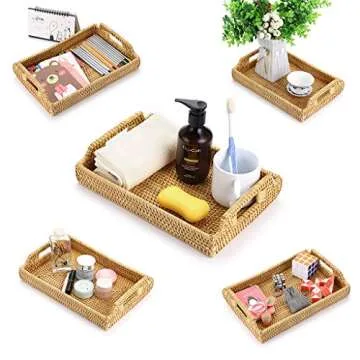 Hipiwe Rattan Serving Tray with Handles - Hand-Woven Decorative Tray for Storage Breakfast, Drinks, ...