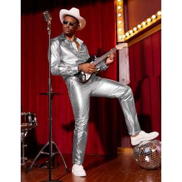 COOFANDY Men's Nightclub Metallic Silver Pants Shinny Slim Disco Hiphop Dance Jeans Pants Costume Pa...