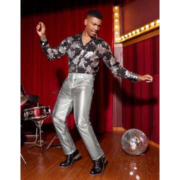 COOFANDY Men's Nightclub Metallic Silver Pants Shinny Slim Disco Hiphop Dance Jeans Pants Costume Party Clubwear,Extravagant Grey,X-Large
