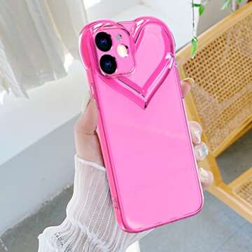 LSL for iPhone 12 Clear Case Cute Love Heart Design for Women Gilrs with Screen Protector Crystal Transparent Slim Fit Full Body Soft TPU Bumper Shockproof Protective Neon Pink Cover-Hot Pink
