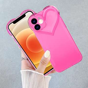 LSL for iPhone 12 Clear Case Cute Love Heart Design for Women Gilrs with Screen Protector Crystal Transparent Slim Fit Full Body Soft TPU Bumper Shockproof Protective Neon Pink Cover-Hot Pink