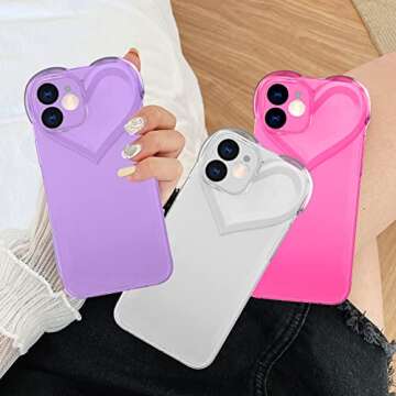LSL for iPhone 12 Clear Case Cute Love Heart Design for Women Gilrs with Screen Protector Crystal Transparent Slim Fit Full Body Soft TPU Bumper Shockproof Protective Neon Pink Cover-Hot Pink