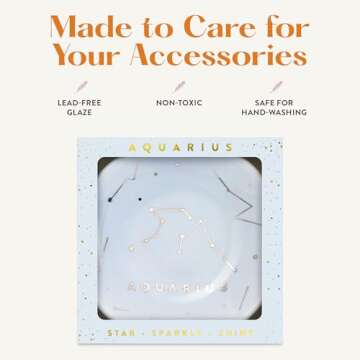 Lucky Feather Zodiac Ring Dish for Women – Glazed Ceramic Jewelry Tray with Astrological Constellation Depicted in Opulent Metallic Gold - Aquarius