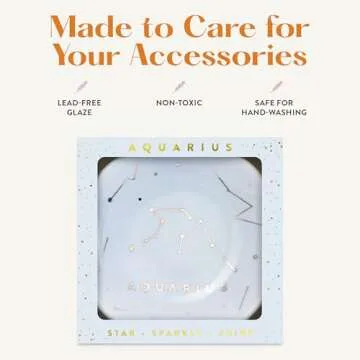 Lucky Feather Zodiac Ring Dish for Women – Glazed Ceramic Jewelry Tray with Astrological Constellation Depicted in Opulent Metallic Gold - Aquarius