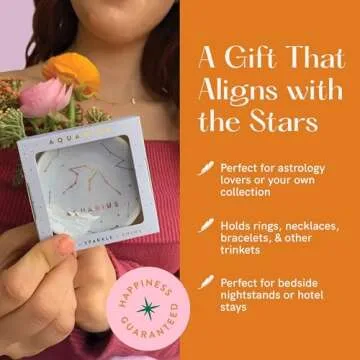 Lucky Feather Zodiac Ring Dish for Women – Glazed Ceramic Jewelry Tray with Astrological Constellation Depicted in Opulent Metallic Gold - Aquarius