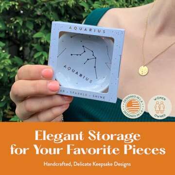 Lucky Feather Zodiac Ring Dish for Women – Glazed Ceramic Jewelry Tray with Astrological Constellation Depicted in Opulent Metallic Gold - Aquarius