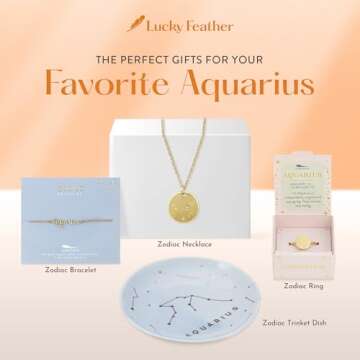 Lucky Feather Zodiac Ring Dish for Women – Glazed Ceramic Jewelry Tray with Astrological Constellation Depicted in Opulent Metallic Gold - Aquarius