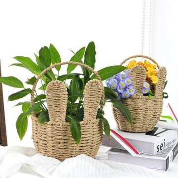 LAZYWON 2pcs Small Wicker Easter Basket for Kids - 7" x 5" Mini Bunny Basket for Organizing Flowers Storage Bins, Cute Small Woven Gift Baskets Empty for Halloween Christmas Valentine's Day Wedding