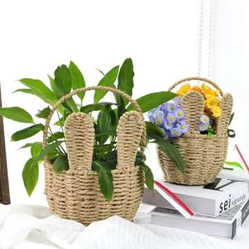 LAZYWON 2pcs Small Wicker Easter Basket for Kids - 7" x 5" Mini Bunny Basket for Organizing Flowers Storage Bins, Cute Small Woven Gift Baskets Empty for Halloween Christmas Valentine's Day Wedding