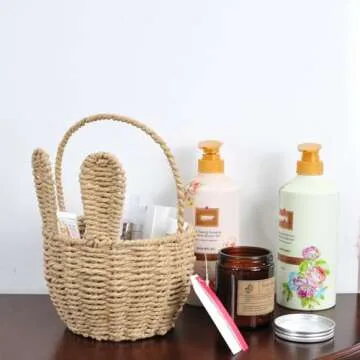 LAZYWON 2pcs Small Wicker Easter Basket for Kids - 7" x 5" Mini Bunny Basket for Organizing Flowers Storage Bins, Cute Small Woven Gift Baskets Empty for Halloween Christmas Valentine's Day Wedding