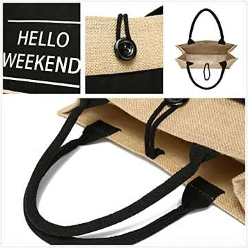 JOLLQUE Hello Weekend Beach Tote Bag for Women,Jute Shoulder Handbag Canvas Pocket,Road Trip Bags. (Medium, Black)