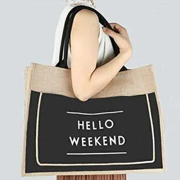JOLLQUE Hello Weekend Beach Tote Bag for Women,Jute Shoulder Handbag Canvas Pocket,Road Trip Bags. (Medium, Black)