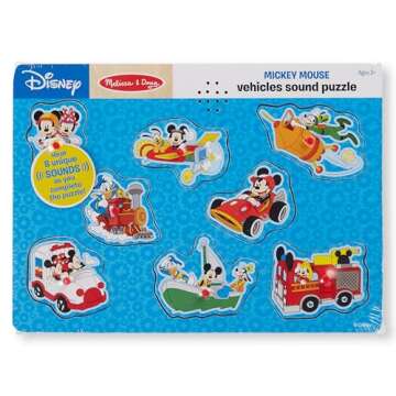 Melissa & Doug Disney Mickey Mouse and Friends Vehicles Sound Puzzle (8 pcs) - Mickey Mouse Toddler Toys, Wooden Sound Puzzles For Toddlers Ages 2+
