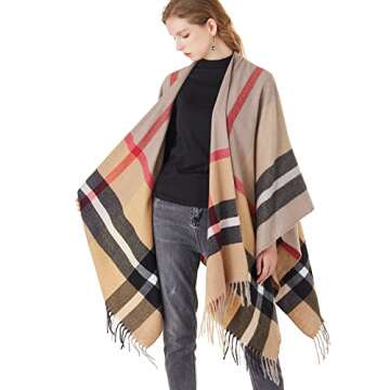 Women's Plaid Shawl Wrap Warm Cardigan Open Front Poncho Cape for Central Air Conditioning or Public...
