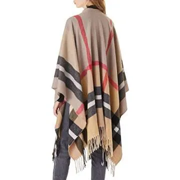 Women's Plaid Shawl Wrap Warm Cardigan Open Front Poncho Cape for Central Air Conditioning or Public Chilly Places