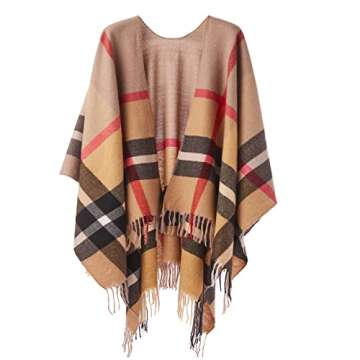 Women's Plaid Shawl Wrap Warm Cardigan Open Front Poncho Cape for Central Air Conditioning or Public Chilly Places