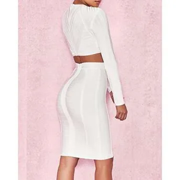 whoinshop Women's Long Sleeves Crop Top Midi Skirt Outfit Two Pieces Embellished Bandage Party Dress (XS, White)