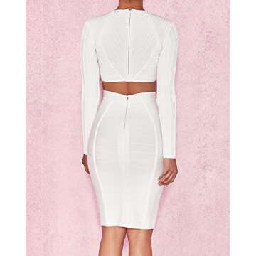 whoinshop Women's Long Sleeves Crop Top Midi Skirt Outfit Two Pieces Embellished Bandage Party Dress (XS, White)