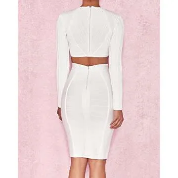whoinshop Women's Long Sleeves Crop Top Midi Skirt Outfit Two Pieces Embellished Bandage Party Dress (XS, White)
