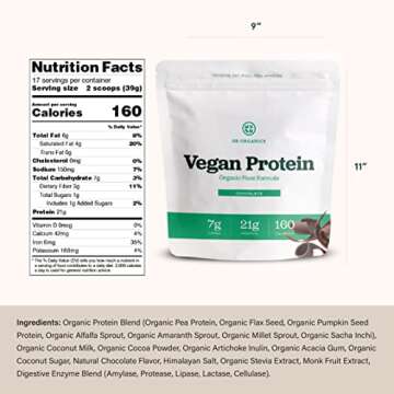 Sun Bay Organics Chocolate Vegan Protein Powder - 1.46 lb of Plant Based Organic 21g Protein Blend Shake Mix - Soy, Dairy, and Gluten Free