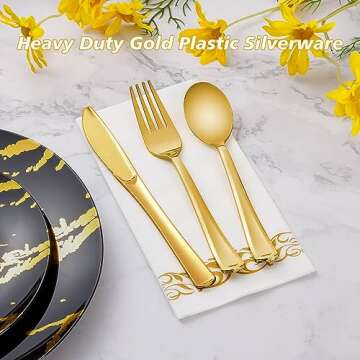 Goodluck 150PCS Gold Plastic Silverware, Gold Utensils Disposable, Plastic Cutlery Set of 50 Gold Fo...
