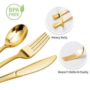 Goodluck 150PCS Gold Plastic Silverware, Gold Utensils Disposable, Plastic Cutlery Set of 50 Gold Forks, 50 Gold Spoons, 50 Gold Knives for Wedding, Party, Birthday, Holidays