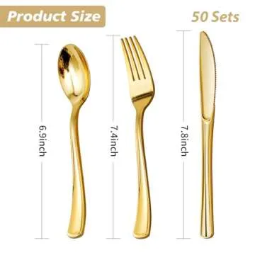 Goodluck 150PCS Gold Plastic Silverware, Gold Utensils Disposable, Plastic Cutlery Set of 50 Gold Forks, 50 Gold Spoons, 50 Gold Knives for Wedding, Party, Birthday, Holidays