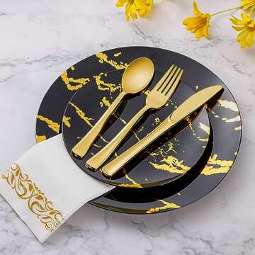 Goodluck 150PCS Gold Plastic Silverware, Gold Utensils Disposable, Plastic Cutlery Set of 50 Gold Forks, 50 Gold Spoons, 50 Gold Knives for Wedding, Party, Birthday, Holidays
