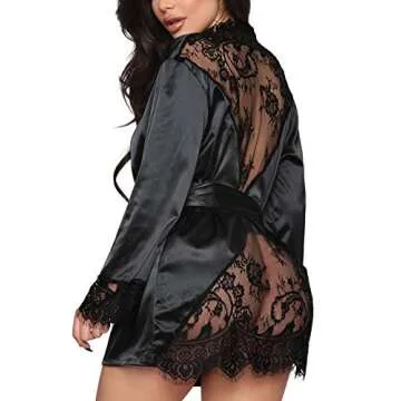 Ekaliy Women's Sexy Lace-Trim Robe Long Sleeve Satin Kimono Sleepwear Bridesmaid Wedding Party Nightwear New Black Small