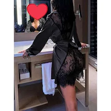 Ekaliy Women's Sexy Lace-Trim Robe Long Sleeve Satin Kimono Sleepwear Bridesmaid Wedding Party Nightwear New Black Small