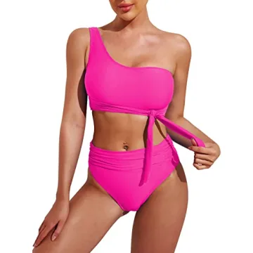 Pink Queen Women's High Waisted Swimsuit 2 Piece One Shoulder Bikini Bathing Suit Swimwear Hot Pink ...