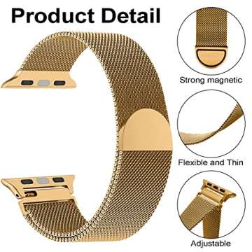 Metal Milanese Loop Band Compatible with Apple Watch Band 38mm 40mm 41mm 42mm 44mm 45mm 49mm Women Men, Stainless Steel Mesh Magnetic Adjustable Strap for iWatch Series Ultra/8/7/6/5/4/3/2/1/SE, Gold