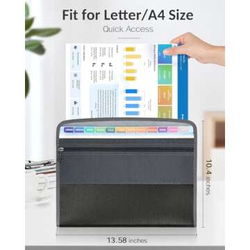 Sooez Accordion File Organizer with Safe Zipper, 12 Pocket Expanding File Folder with Front Pencil Pouch, Portable Monthly Paper Bill Tax Receipt Organizer, School Office Supplies, Letter Size, Grey
