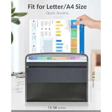 Sooez Accordion File Organizer with Safe Zipper, 12 Pocket Expanding File Folder with Front Pencil Pouch, Portable Monthly Paper Bill Tax Receipt Organizer, School Office Supplies, Letter Size, Grey