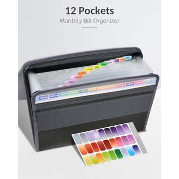 Sooez Accordion File Organizer with Safe Zipper, 12 Pocket Expanding File Folder with Front Pencil Pouch, Portable Monthly Paper Bill Tax Receipt Organizer, School Office Supplies, Letter Size, Grey