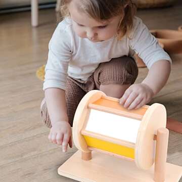 Montessori Toys for Babies 6-12 Months Boys and Girls, Wooden Spinning Rainbow Drum with Mirror and Bell for Infant Toddler, Sensory Development Toys for 1 Year Old Baby Gift