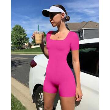 YIOIOIO Women's Short Sleeve Yoga Romper Seamless Ribbed Workout One Piece Square Neck Jumpsuit