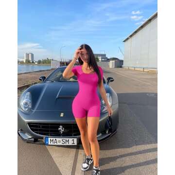 YIOIOIO Women's Short Sleeve Yoga Romper Seamless Ribbed Workout One Piece Square Neck Jumpsuit